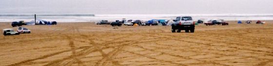 Toyota Land Cruisers arriving at the Surf N Turf beach camp, Pismo Beach, California.